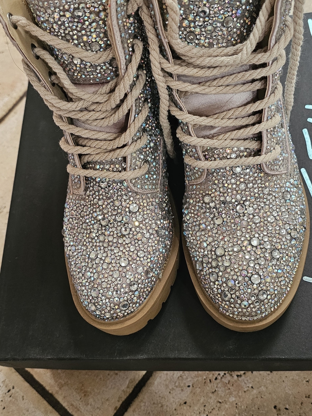 Taupe Rhinestone Lace-Up Women's Boots